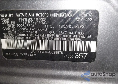 2021 Mitsubishi Outlander Sport 2.0 Be Awc/2.0 Es Awc/2.0 Le Awc/2.0 Se Awc z USA, uszkodzony, nr VIN JA4ARUAU4MU028976